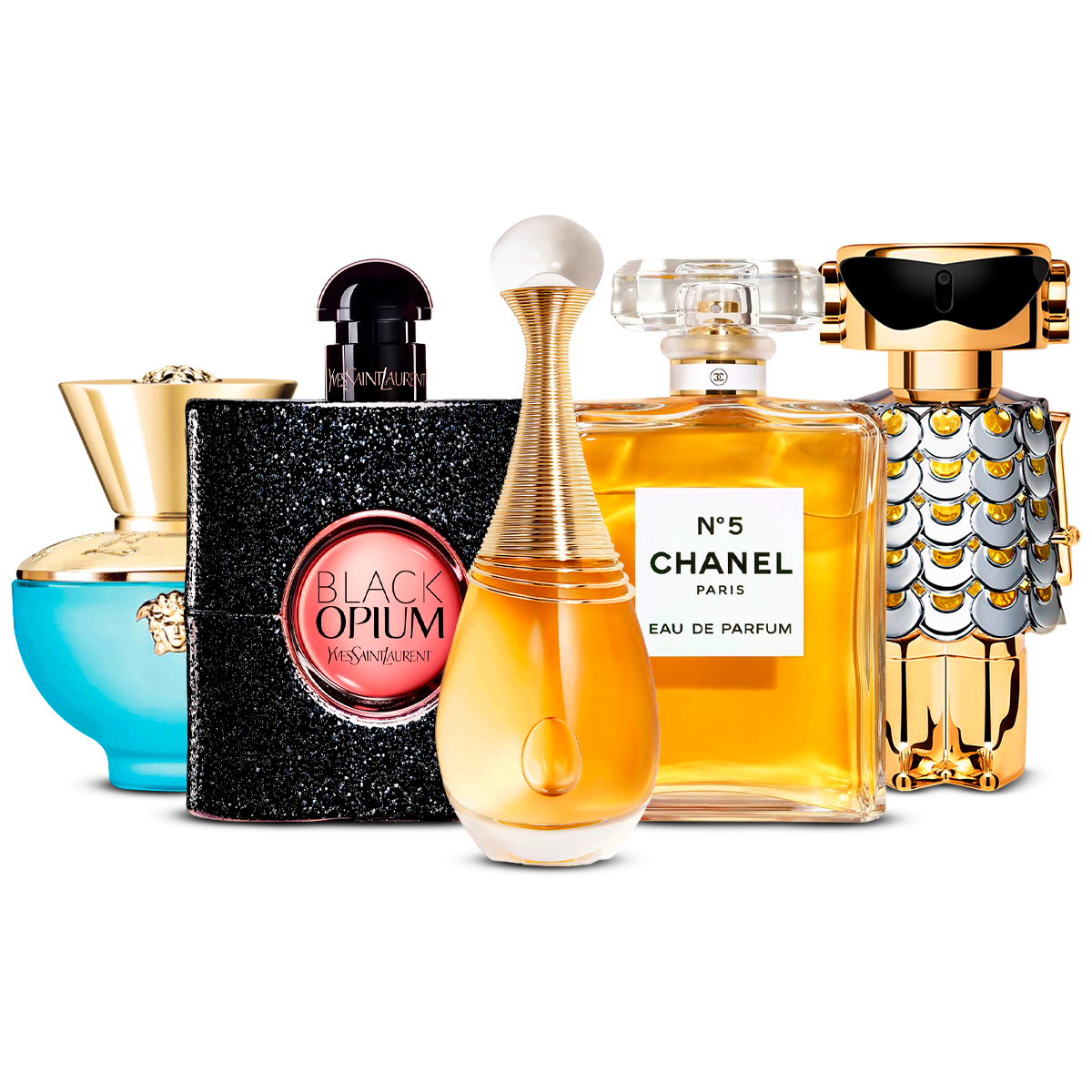 Σετ 5 αρωμάτων – Versace Dylan Turquoise, Black Opium, J'adore, Chanel Nº5 και Fame [100 ml το καθένα]