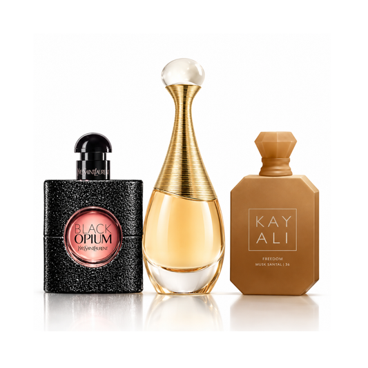 Σετ 3 αρωμάτων | Black Opium YSL Eau de Parfum – 90 ml | J’adore Dior Eau de Parfum – 100 ml | Freedom Musk Santal | 34 Kayali Eau de Parfum – 100 ml