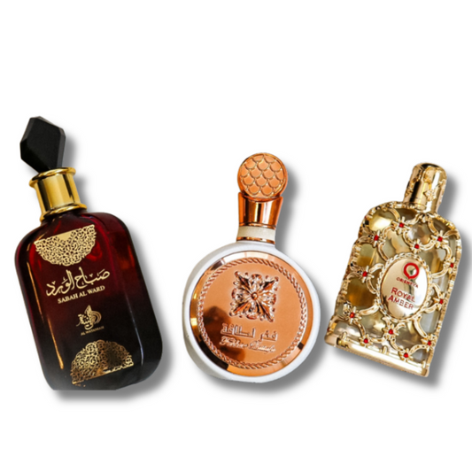 Σετ 3 αρωμάτων | Sabah Al Ward 100 ml, Fakhar 100 ml, Royal Amber 100 ml