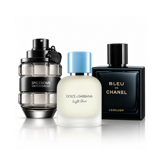 Σετ 3 αρωμάτων |Spicebomb Viktor&Rolf Eau de Toilette – 100 ml | Light Blue Pour Homme Dolce&Gabbana Eau de Toilette – 100 ml | Bleu de Chanel L’Exclusif – 100 ml